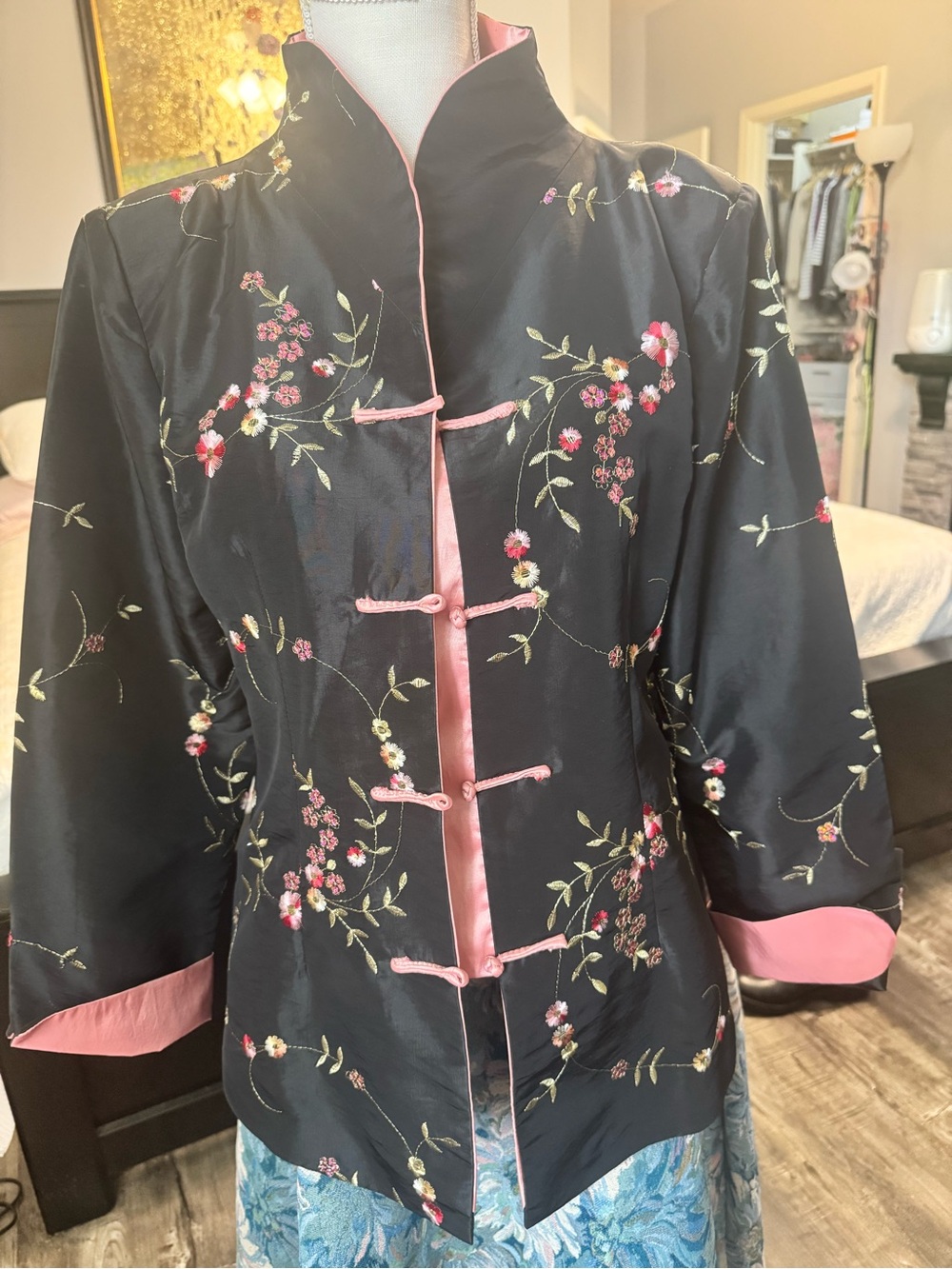 Black Embroidered Mandarin-Collar Blazer with Pink Trim